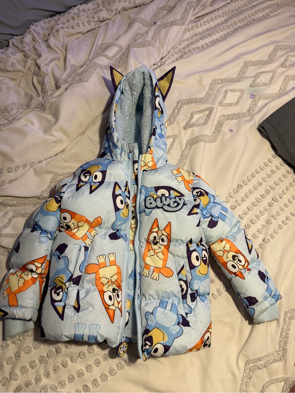 BLUEY' Light Blue Hooded Puffer Jacket with Character Print